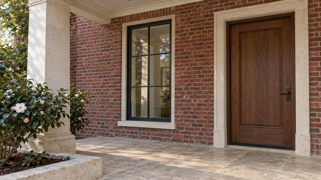 Covered brick porch with a walnut front door, black-framed window, limestone paving and a single camellia in a raised bed.