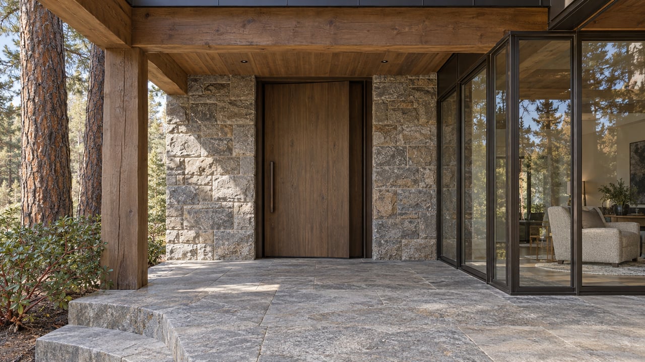 Timber and granite home entry with a smoked oak door, bronze-framed glazing and a stone landing beside mature pines.