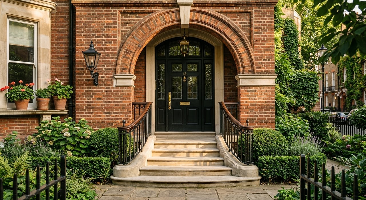Black paneled door beneath a brick arch, framed by limestone steps, boxwood spheres and hydrangeas.