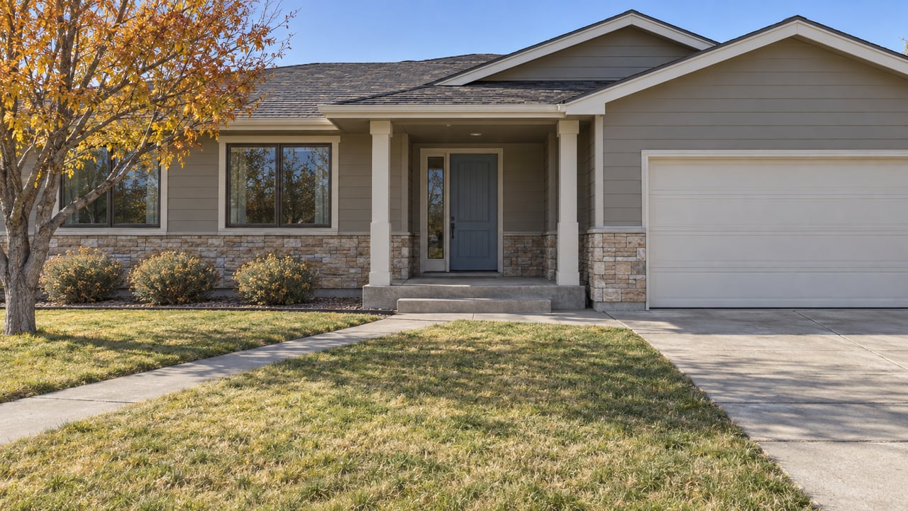 Autumn daylight on a gray single-story ranch with a covered entry, broad lawn, orange-yellow maple and concrete front walk.