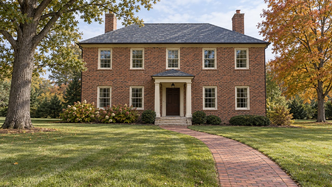 A substantial symmetrical brick home with an ivory portico and slate roof stands beyond a deep autumn lawn framed by two mature trees.