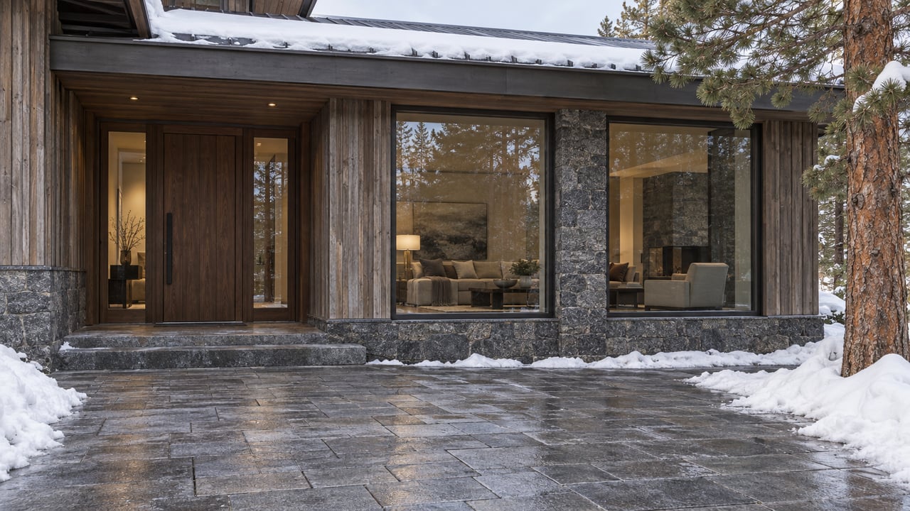 Mountain home with weathered cedar siding, snow-capped roof, stone entry path, and a pine at the right.