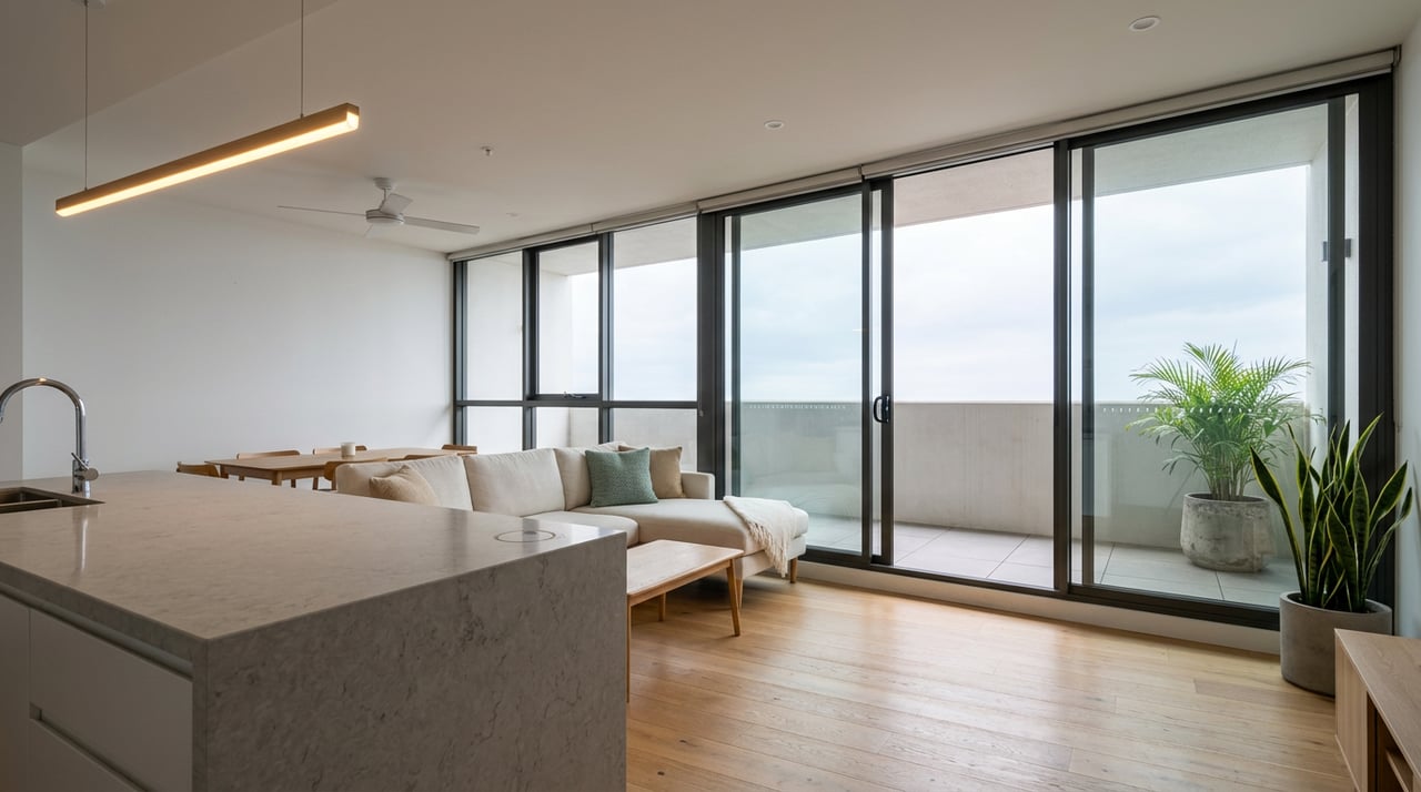 Condominium living room with an ivory sectional, snake plant, and glazed doors opening onto a tiled balcony.