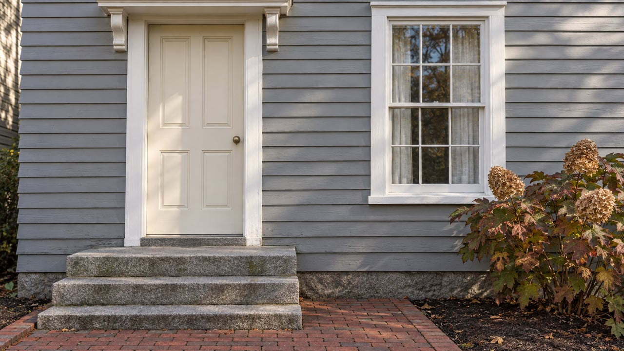 Gray clapboard entry with a cream paneled door, white trim, granite steps and an oakleaf hydrangea beside a traditional sash window.