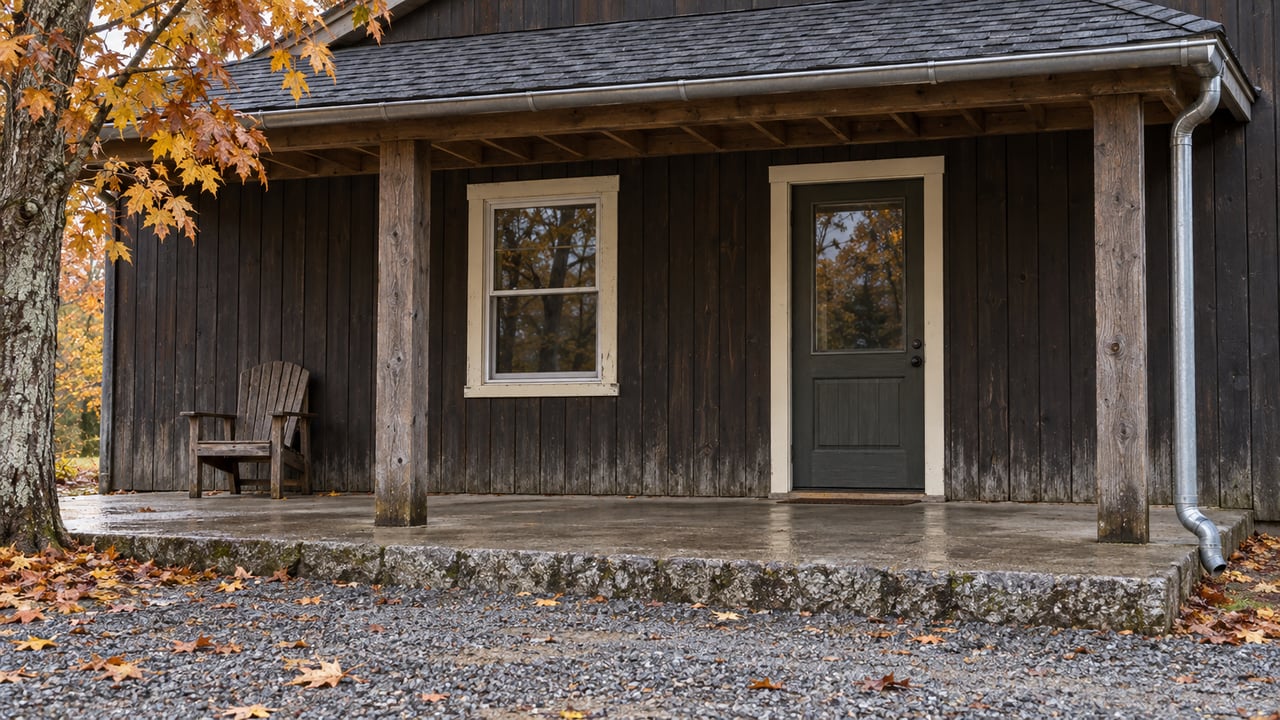 Rain-darkened timber cottage entrance with a covered concrete porch, weathered chair and golden sugar maple leaves.