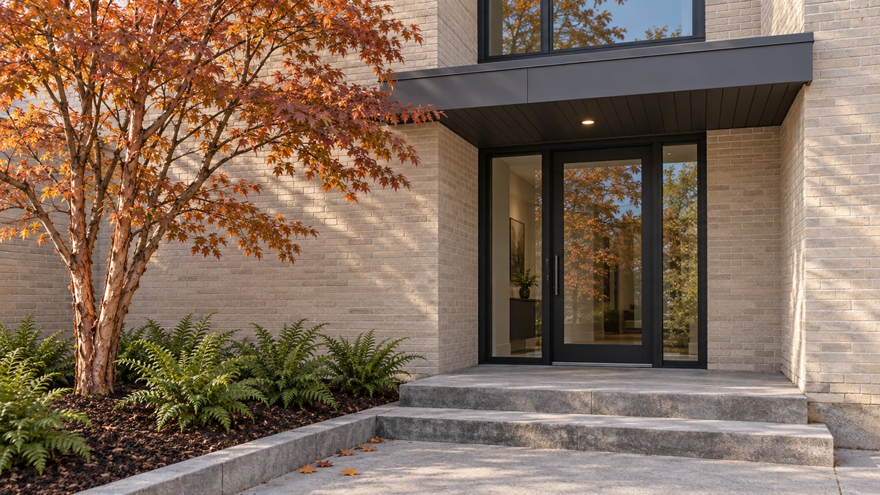 Autumn light on a contemporary pale-brick entrance with limestone steps, black-framed glazing and a copper-barked maple.