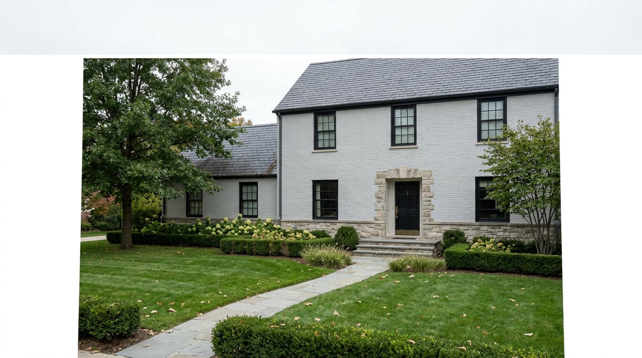 Two-story dove-grey brick home with slate roof, fieldstone entry, and curving bluestone walk across a broad lawn.