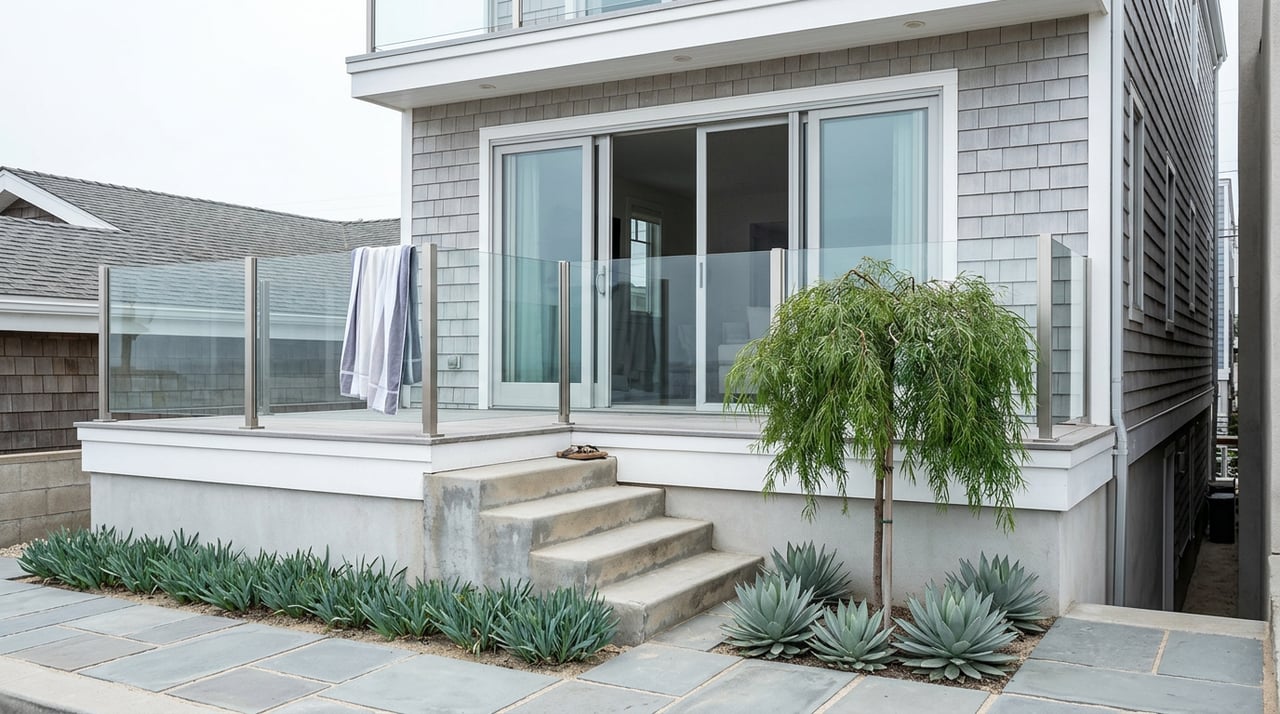 Elevated beach cottage with a glass-railed deck, weathered gray shingles, and a leafy tree beside the concrete stairs.