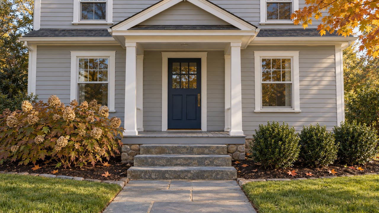 Gray clapboard house with a blue front door, covered porch, bluestone steps and autumn planting.