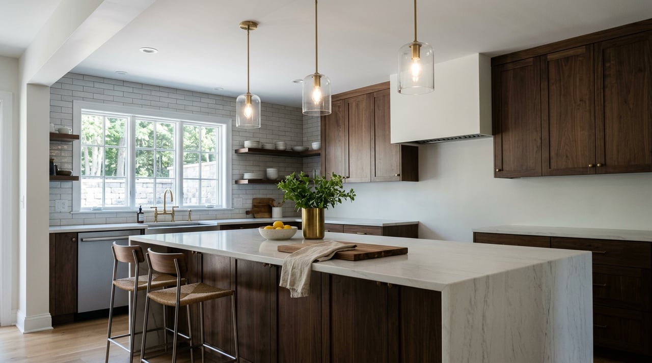 Kitchen island with veined white quartz, brass-framed stools, globe pendants, and a hedge visible through the window.