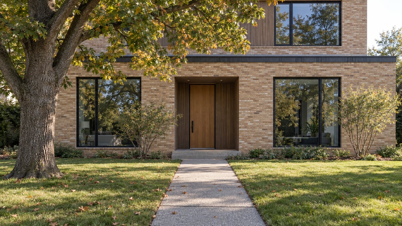 Detached two-story brick home with an inset oak door, broad lawn, concrete walkway, and mature oak tree.