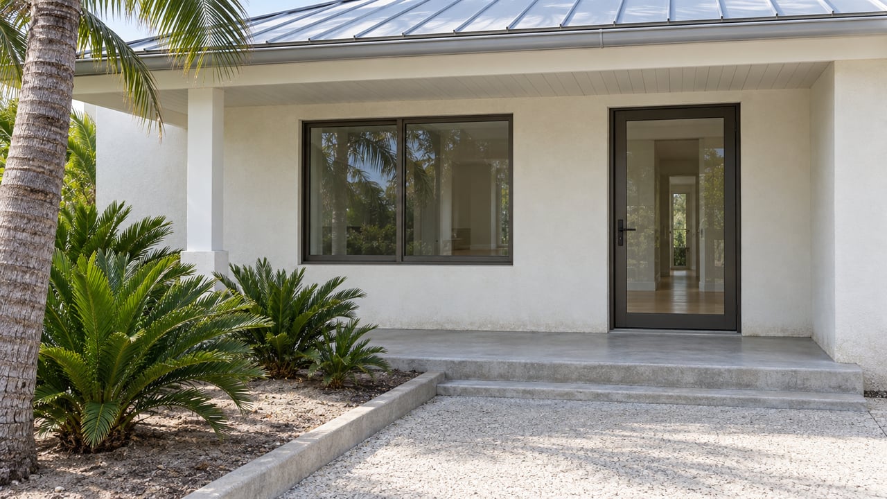 Sunlit pale stucco home entry with a shaded porch, bronze-framed glazing, shell-aggregate walkway and a curved coconut palm.