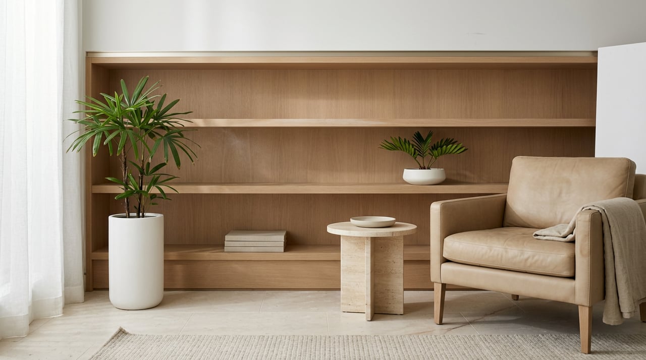 Built-in oak bookcase behind an oat leather lounge chair, travertine side table, and potted plants.