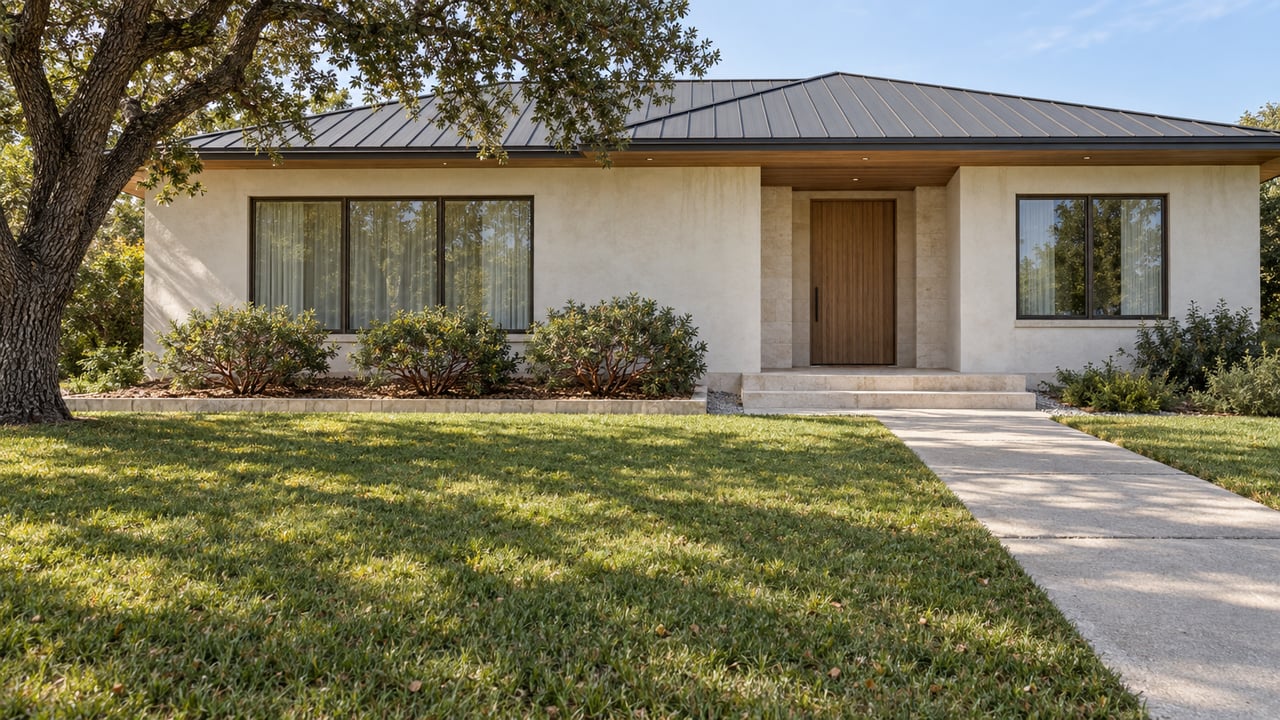 A refined single-story home with ivory stucco, bronze-framed windows and a limestone entry beyond a deep lawn shaded by a mature oak.