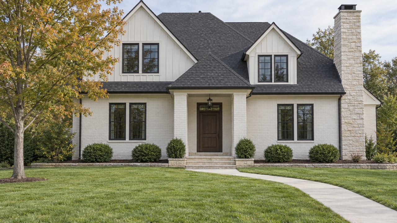 White brick and board-and-batten home with dark windows, a covered porch, broad lawn, and an amber-leaved maple.