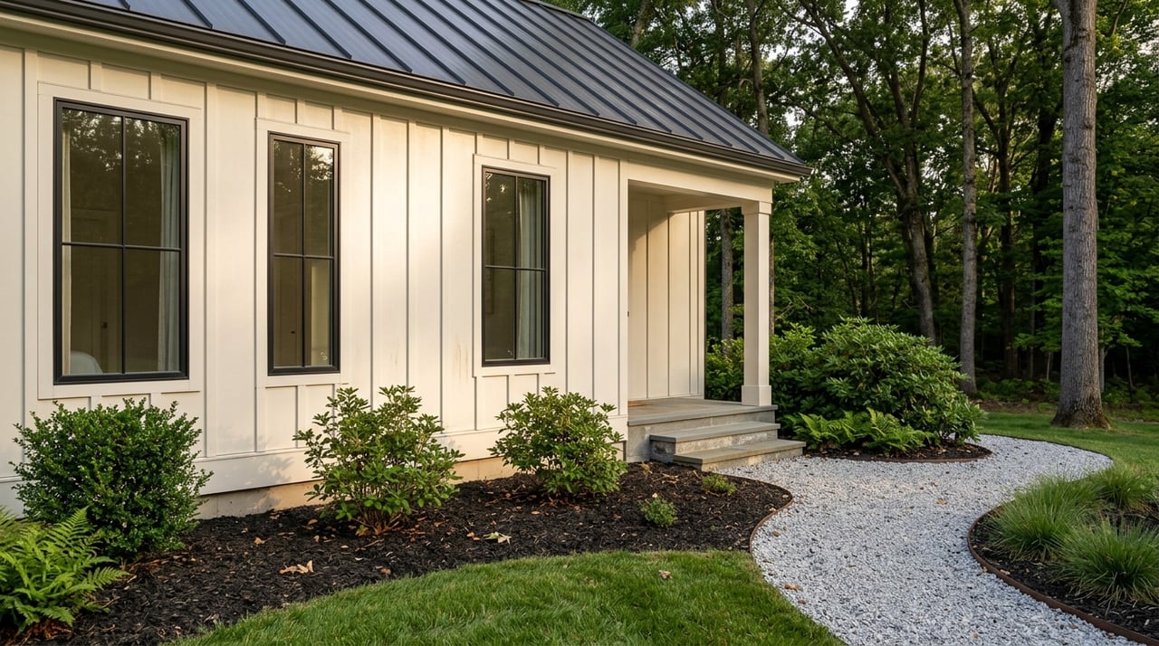 Crushed-stone path curves through a farmhouse side yard toward a small covered porch.