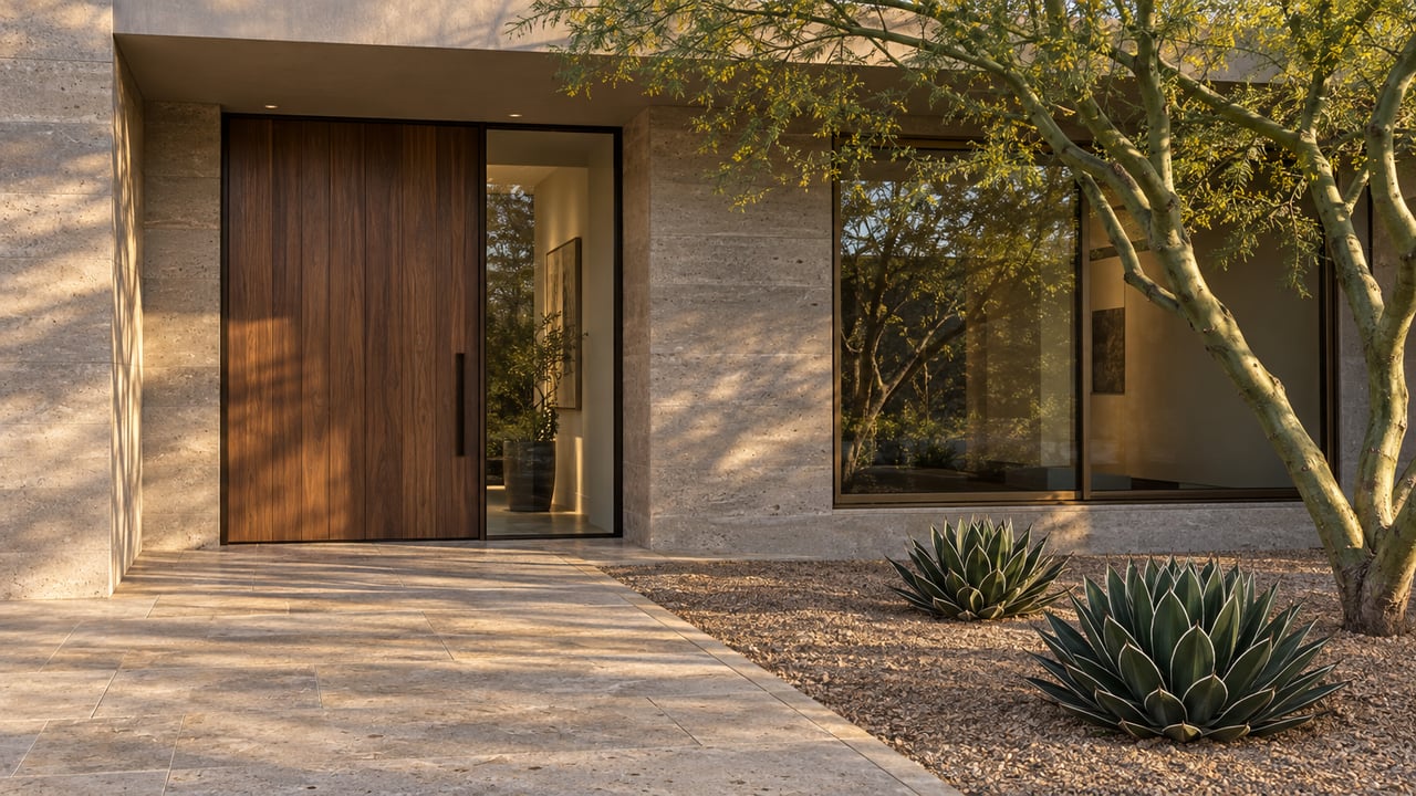 Sunset light across a contemporary plaster and limestone entry with a walnut door, bronze-framed glazing, a sculptural blue palo verde, and two compact agaves.