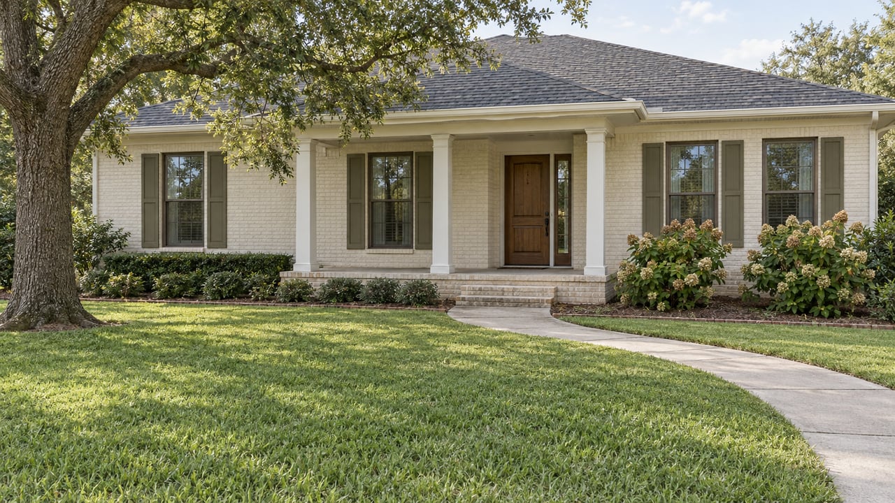 An ivory painted-brick home with a shaded columned porch, olive shutters, deep lawn and mature live oak.