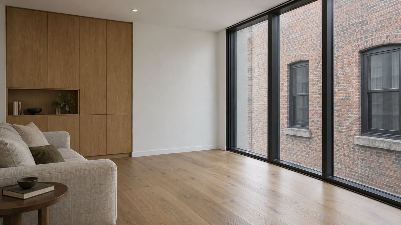 Compact condo living room with an oatmeal sofa, oak built-in, and black-framed windows facing a brick wall.