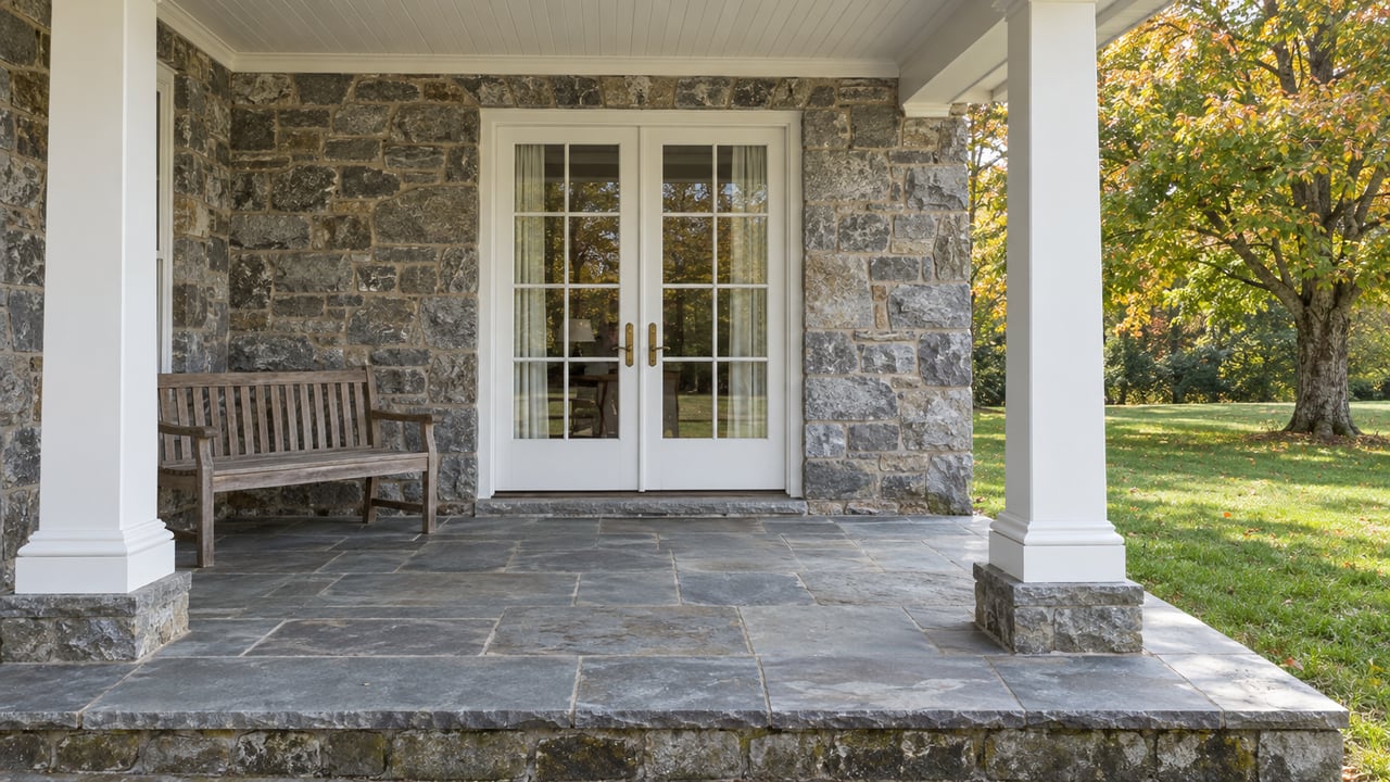 A stone home's covered veranda with white columns, paired French doors, a teak bench and an autumn maple beyond the lawn.