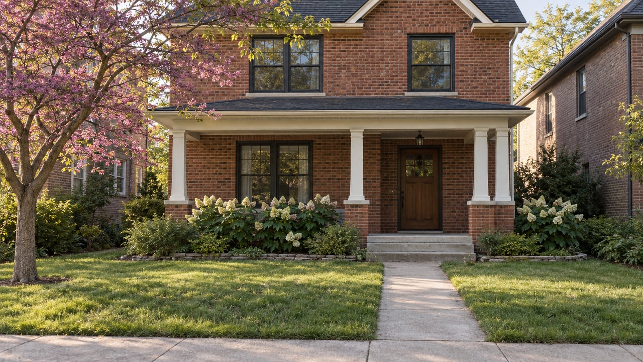 Two-story red-brick house with a white-columned porch, deep front lawn, and mature tree at the lawn’s edge.