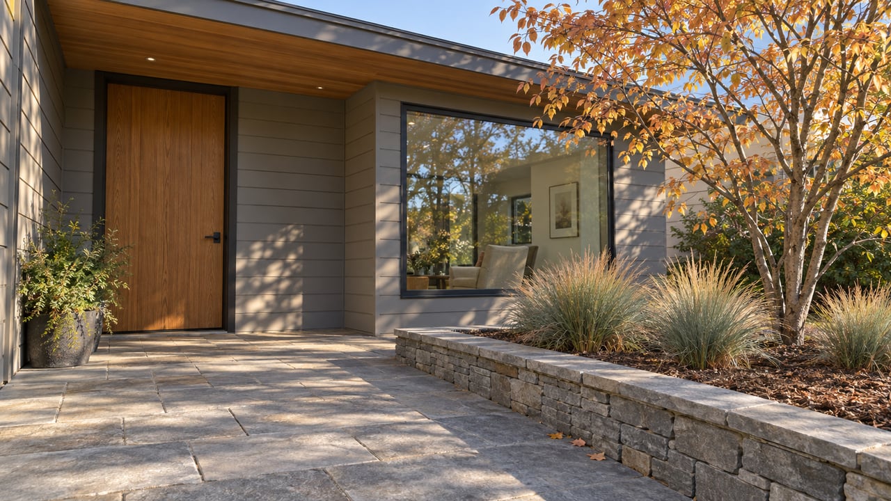 Autumn sunlight on a contemporary home's wood-lined covered entry, gray stone approach and golden serviceberry beside a large picture window.