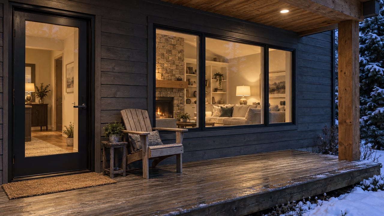 Snow at the edge of a weathered timber porch, with warm light behind a closed glass entry and broad living-room window.
