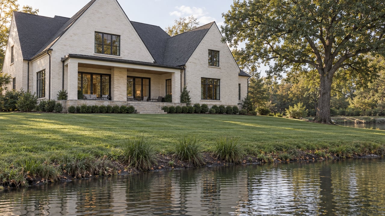 Warm-white brick home with charcoal gables stands beyond a lawn and rippled pond, beneath a mature oak.