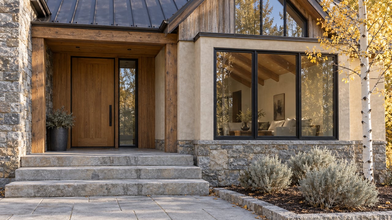 Timber and stone hillside home with a recessed oak entry, black-framed windows, stone steps, and a golden-leaved aspen.