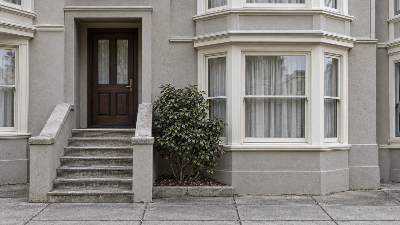 Gray stucco row-house facade with ivory bay windows, a recessed oak entrance, worn concrete stairs and one glossy-leaved camellia.