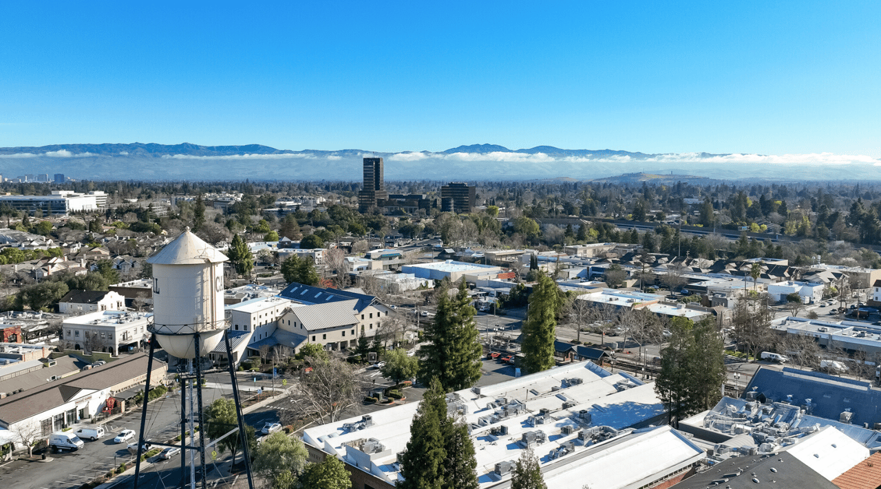 Aerial view of Campbell, California showing water tower and cityscape