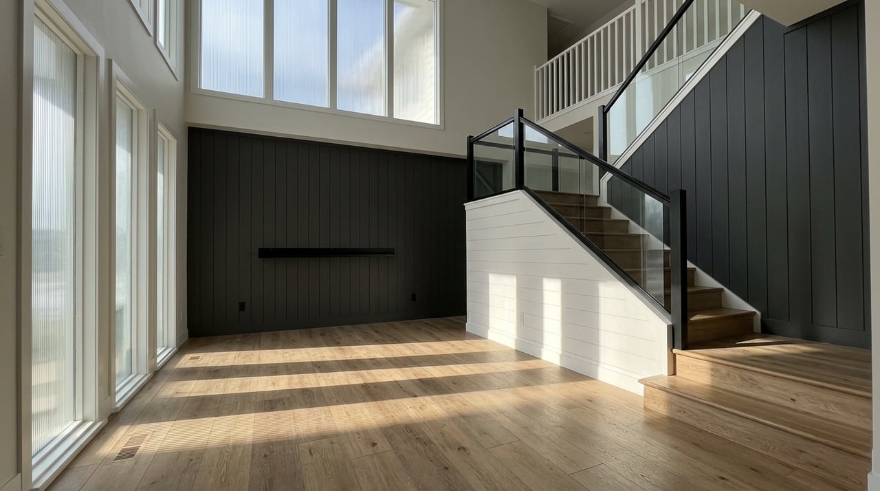 Two-story foyer with a switchback staircase and glass balustrade, crossed by diagonal sunlight on oak floors.