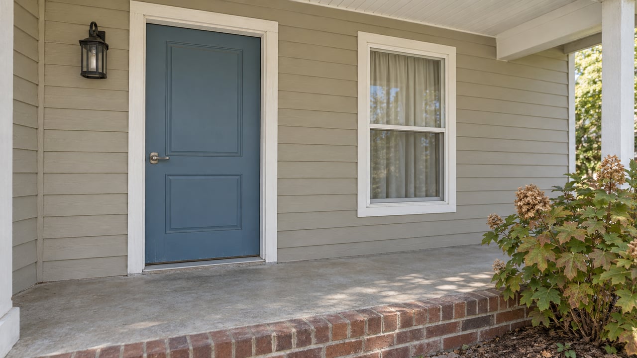 Covered front entry with beige lap siding, a muted blue door, white-trimmed window and raised brick-edged concrete porch beside an oakleaf hydrangea.