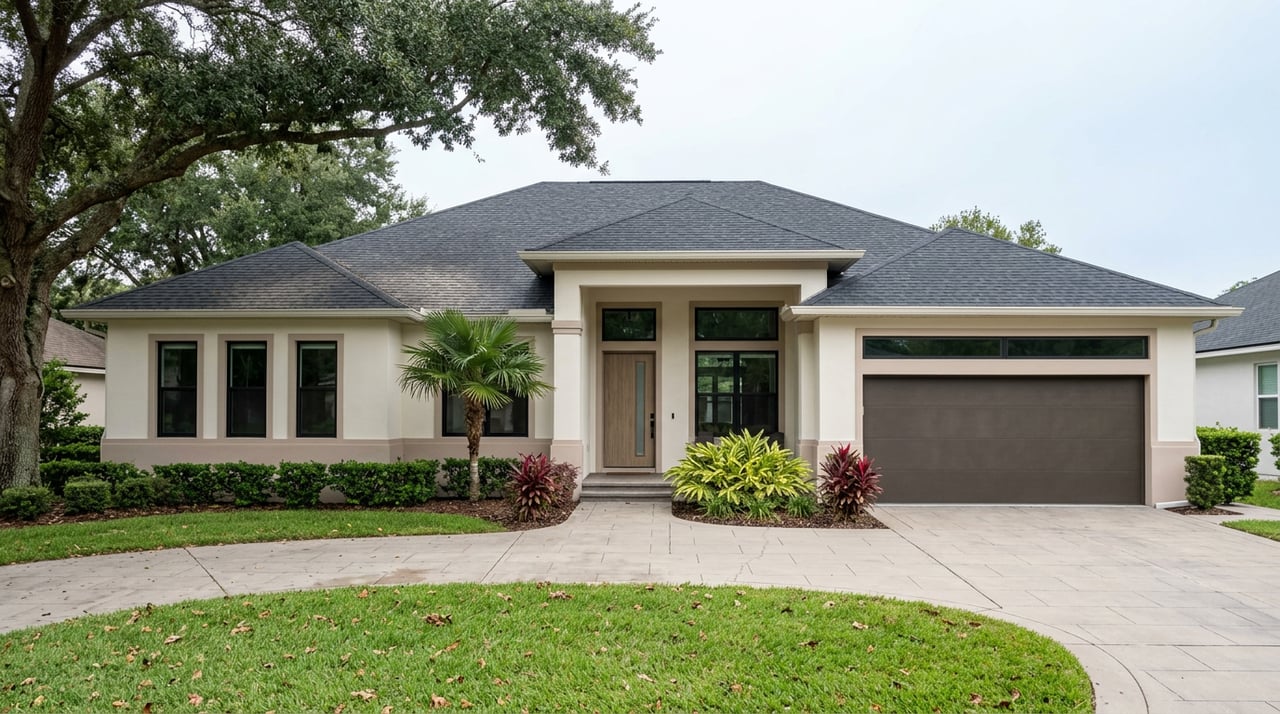Contemporary Florida home with dark shingle roof, curved paver driveway, deep lawn, and live oak framing the facade.