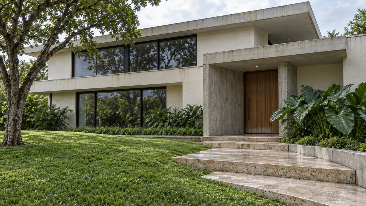 Contemporary home with deep concrete eaves, shaded glass doors and a limestone approach across a rain-fresh sloping garden.