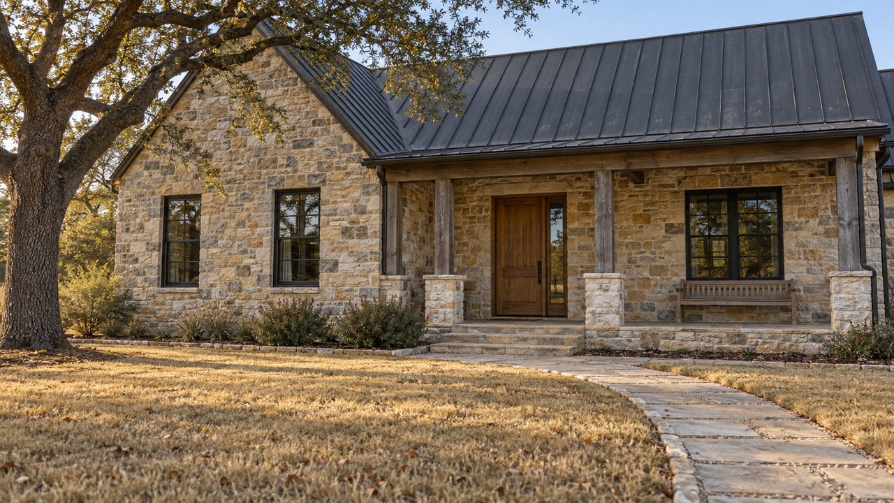 Limestone cottage with a standing-seam roof, deep timber porch and broad dormant lawn beneath a mature live oak.