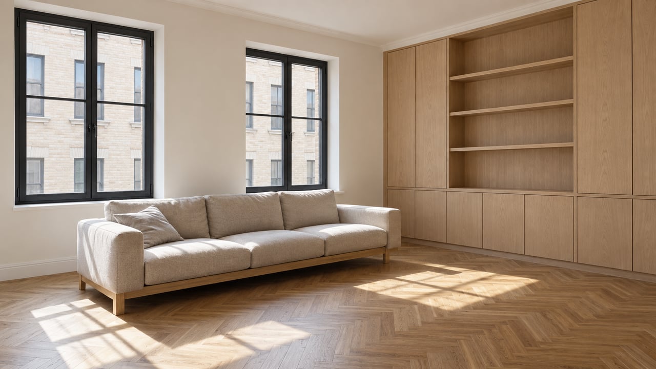 Compact living room with oak cabinetry, herringbone floor, and two black-framed windows facing a brick building.