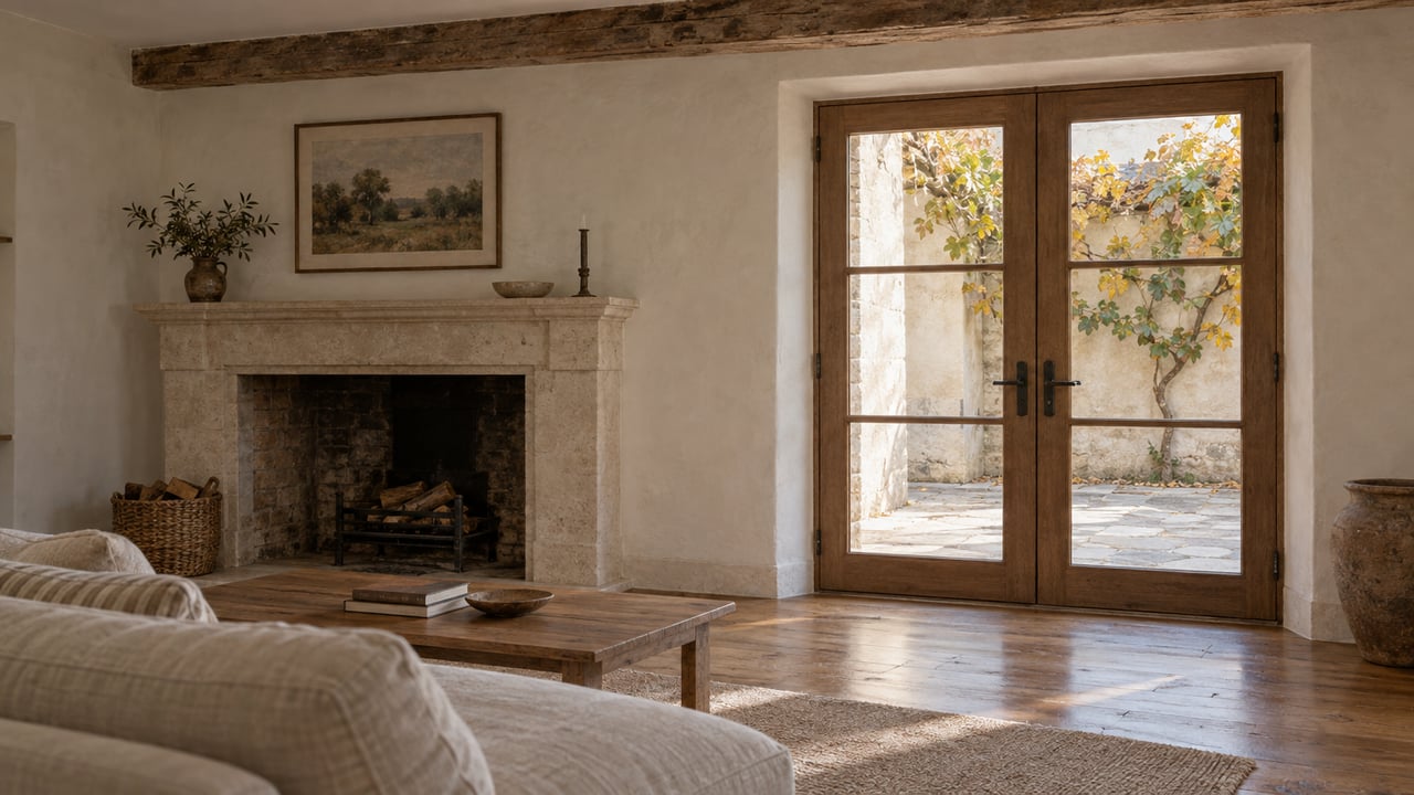 Sitting room with a limestone fireplace, oak French doors, and amber grapevine leaves in the courtyard.