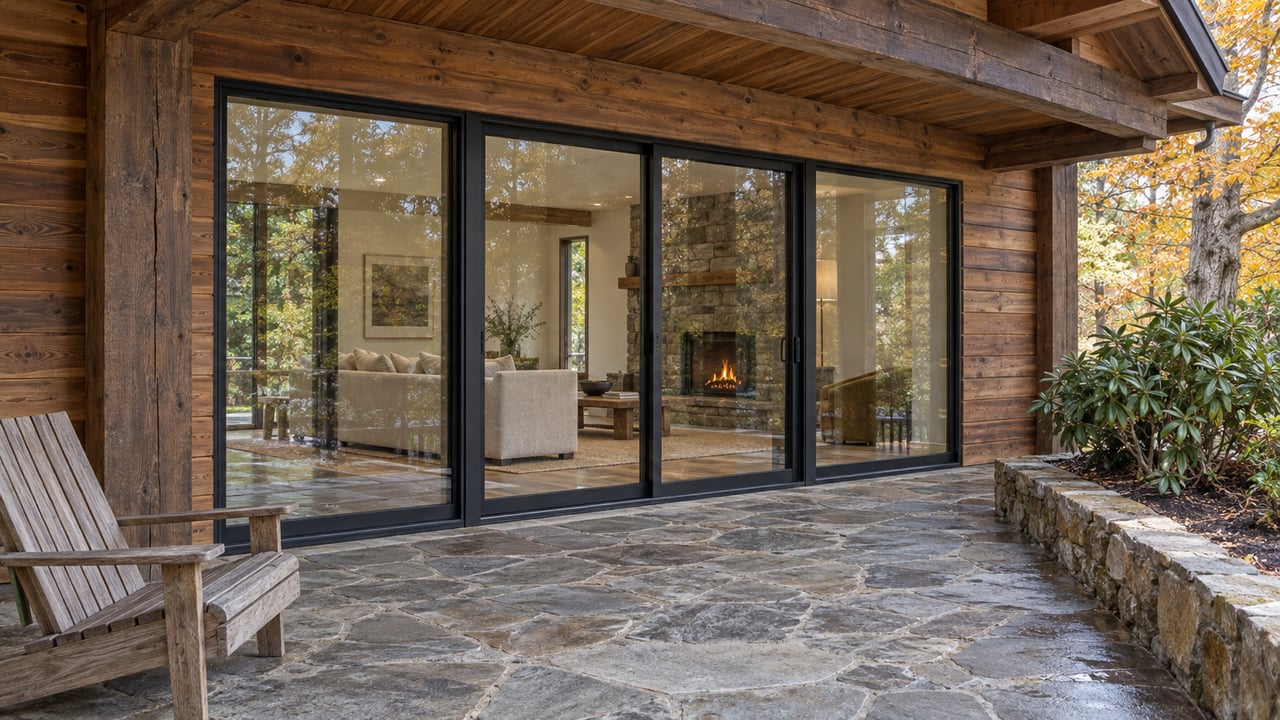 Covered timber cabin terrace with sandstone paving, a wooden lounge chair and tall glazed doors beside an autumn maple and rhododendrons.