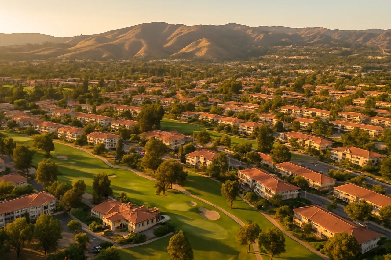 Aerial view of Laguna Woods Village with terracotta-roof homes surrounding manicured golf fairways and tree-lined streets against rolling hills.