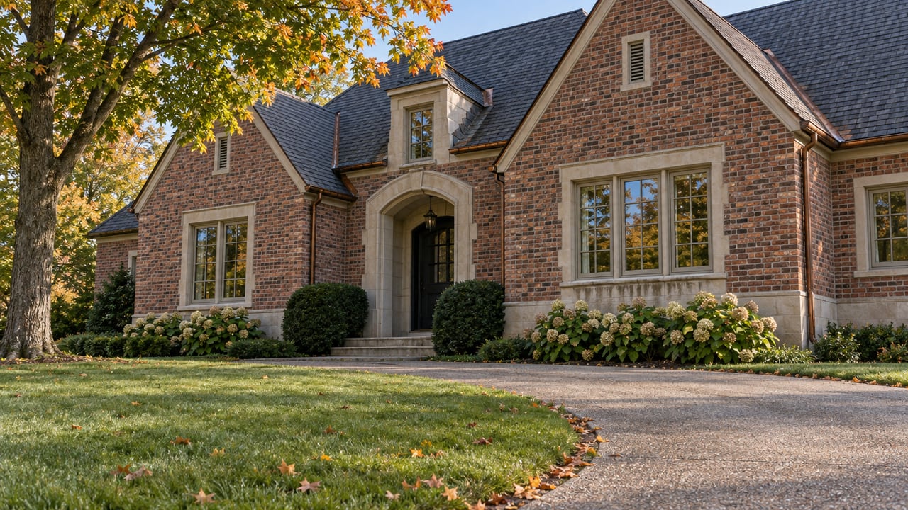 Brick house with an arched limestone entry, curved driveway, and amber-tipped maple tree.