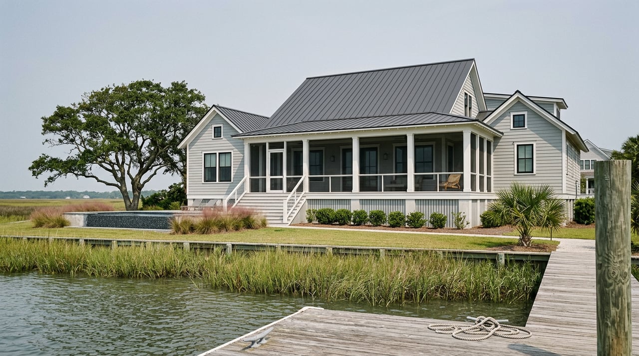 Coastal home with screened porch and pool, overlooking a private dock and marsh-lined creek.
