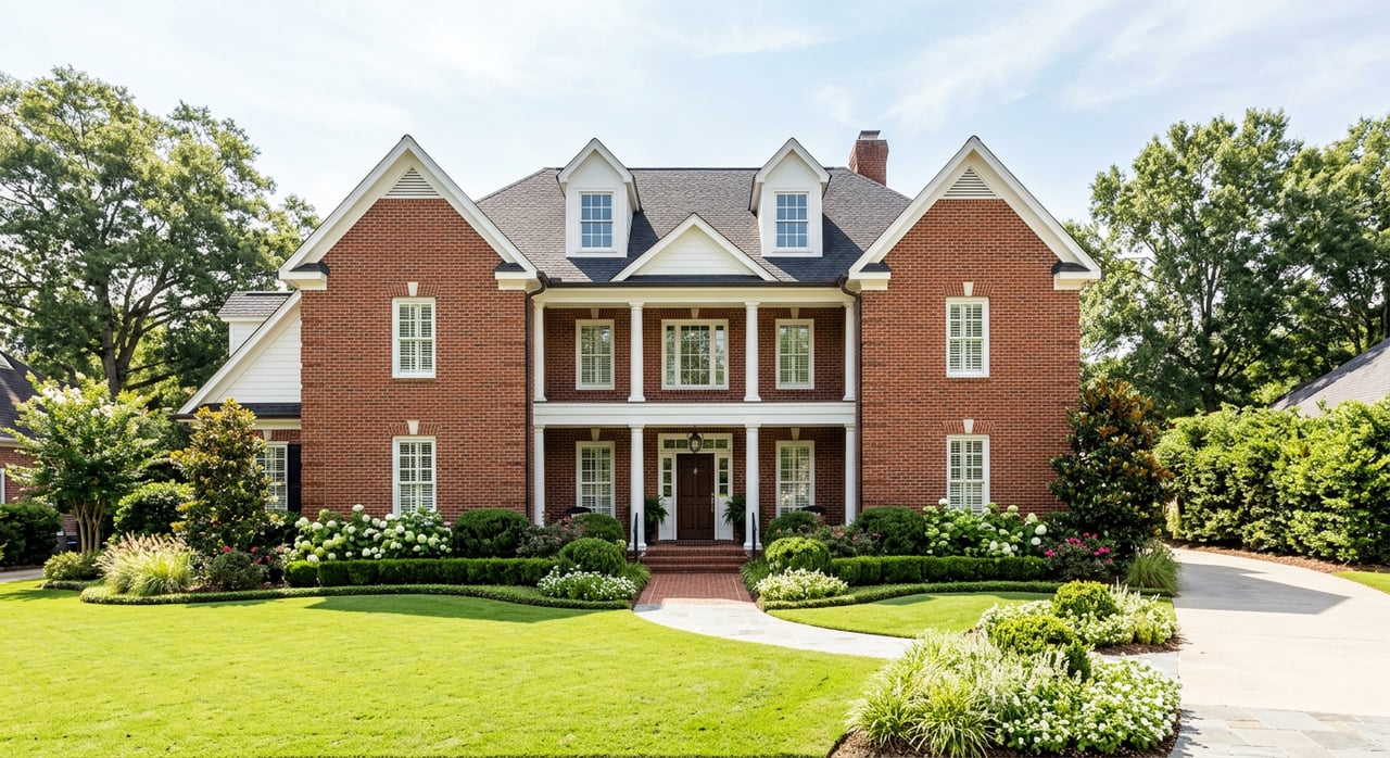Red-brown brick suburban house with white dormers, covered porch, double garage, and broad front lawn.
