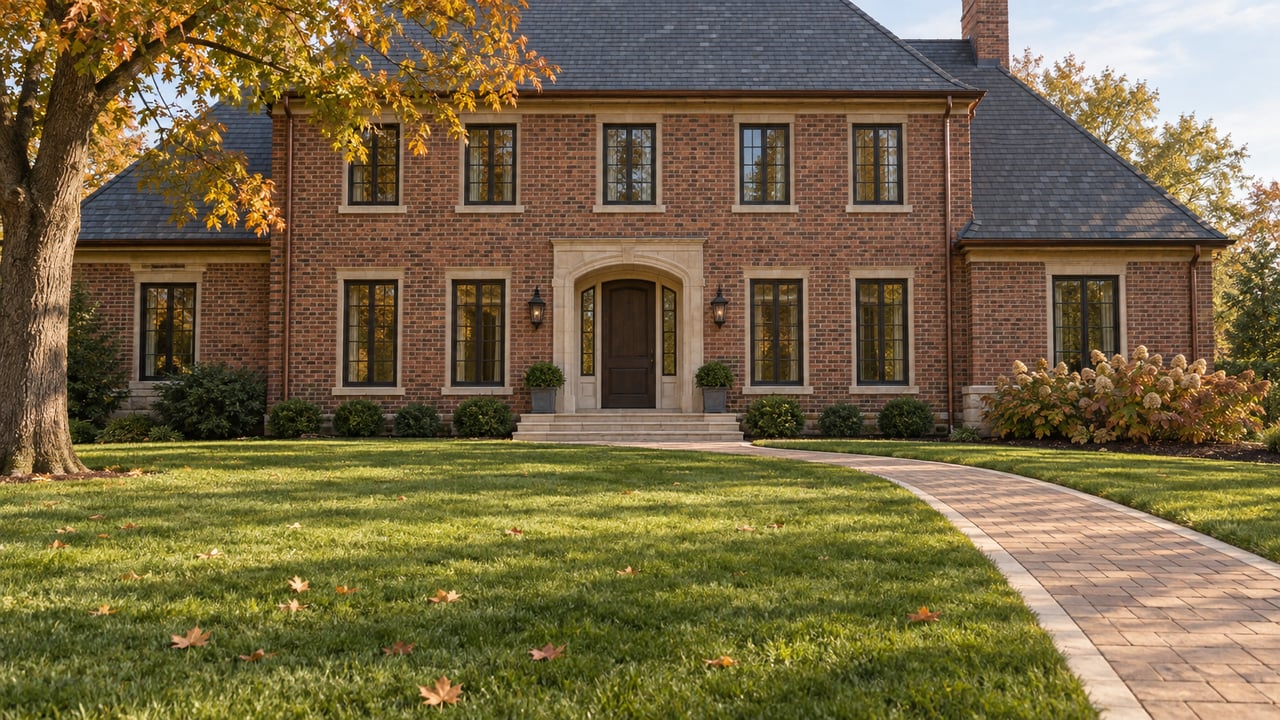 Two-story brick house with a slate roof, curved paver walkway, and autumn trees.