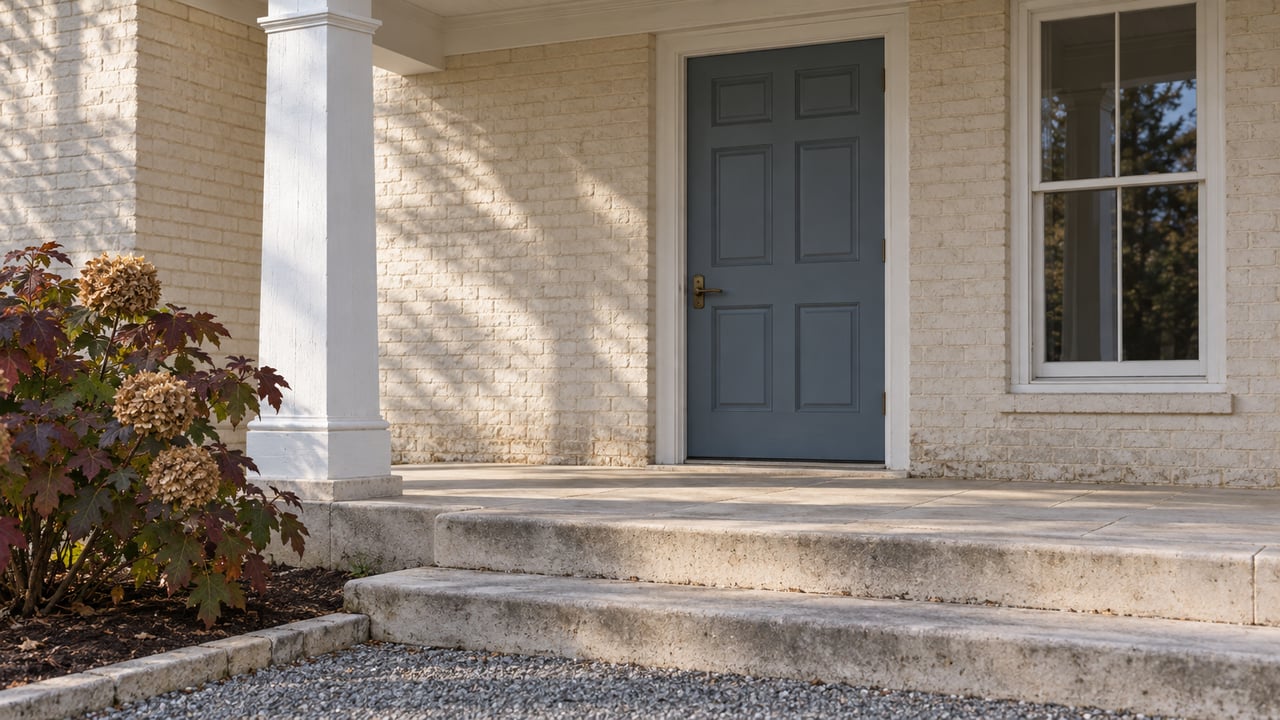Home entrance with a blue paneled door, cream brick, stone steps, and dried hydrangea blooms.