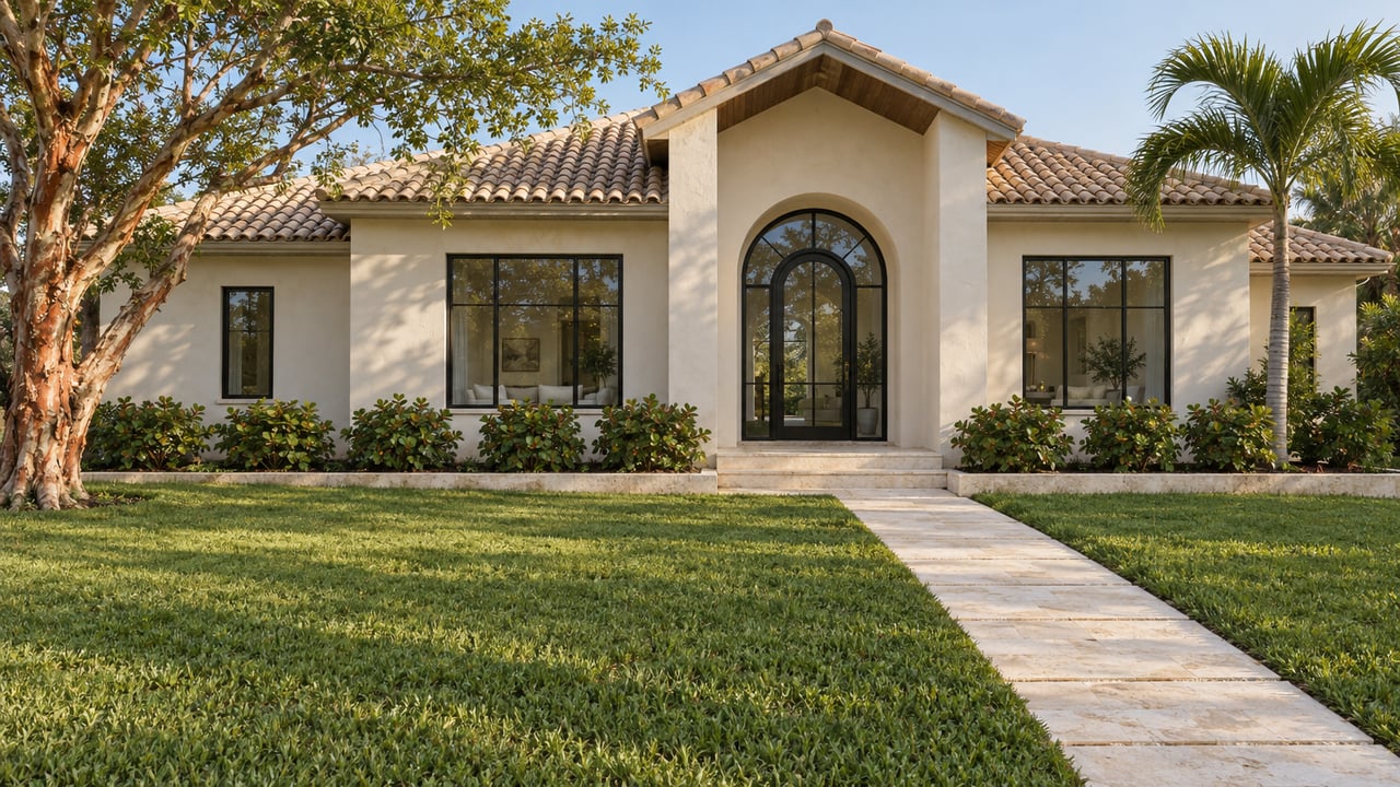 Sunlit ivory stucco home with a pale tile roof, arched glass entry, deep green front lawn and sculptural tropical specimen trees.