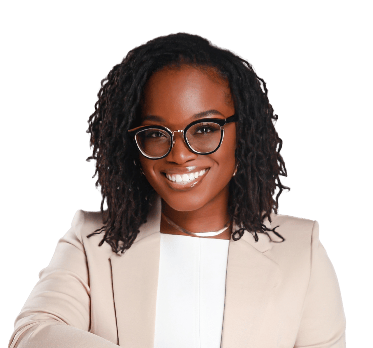 Sharonda Scarbrough smiling in glasses, a cream blazer, and a white top.
