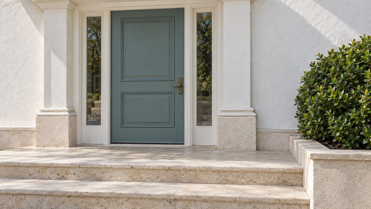 White stucco home entrance with a blue-green paneled door, paired glass sidelights, weathered limestone steps and a clipped cocoplum shrub.