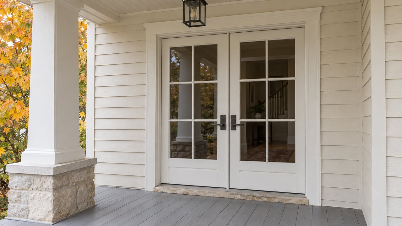 A covered front porch with cream wood siding, white-trimmed glazed French doors, gray painted floorboards and a yellow-orange maple branch.