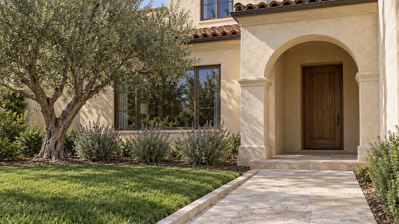 Light stucco two-story home with a terracotta tile roof, arched oak-door entry, limestone approach, and a mature olive tree.